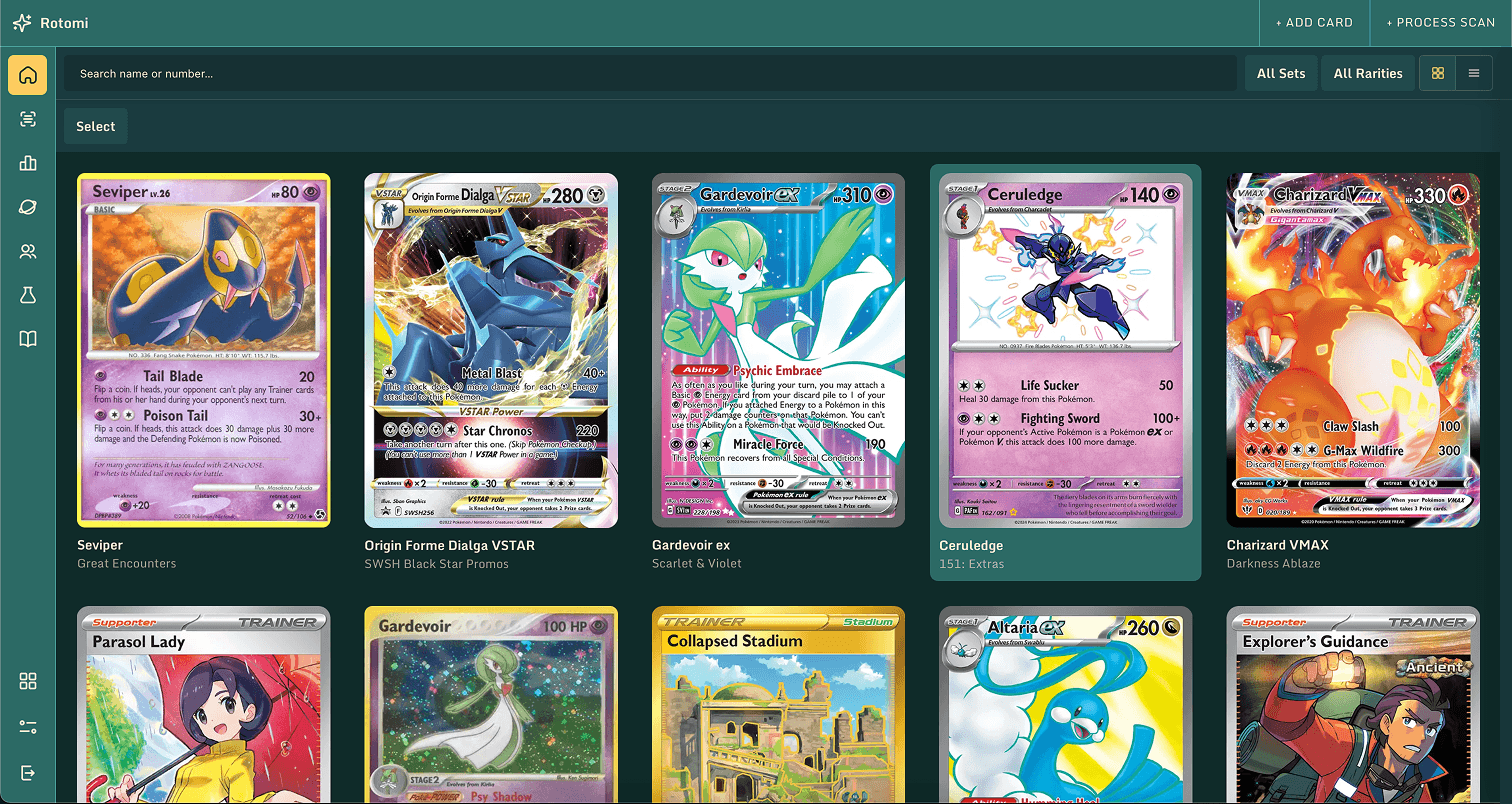 Rotumi app showing a collection of Pokemon cards